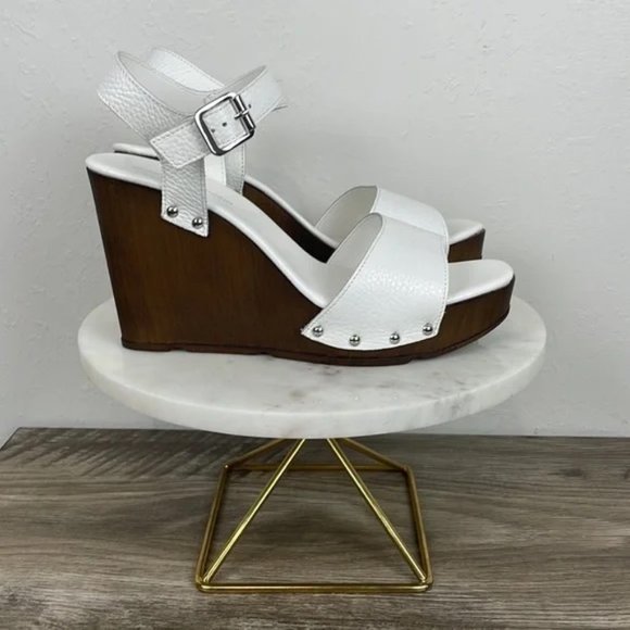 CHRISTIAN DI RICCIO White Leather Wooden Wedge Sandals Shoes  Made in Italy Sz 8 - Picture 4 of 6